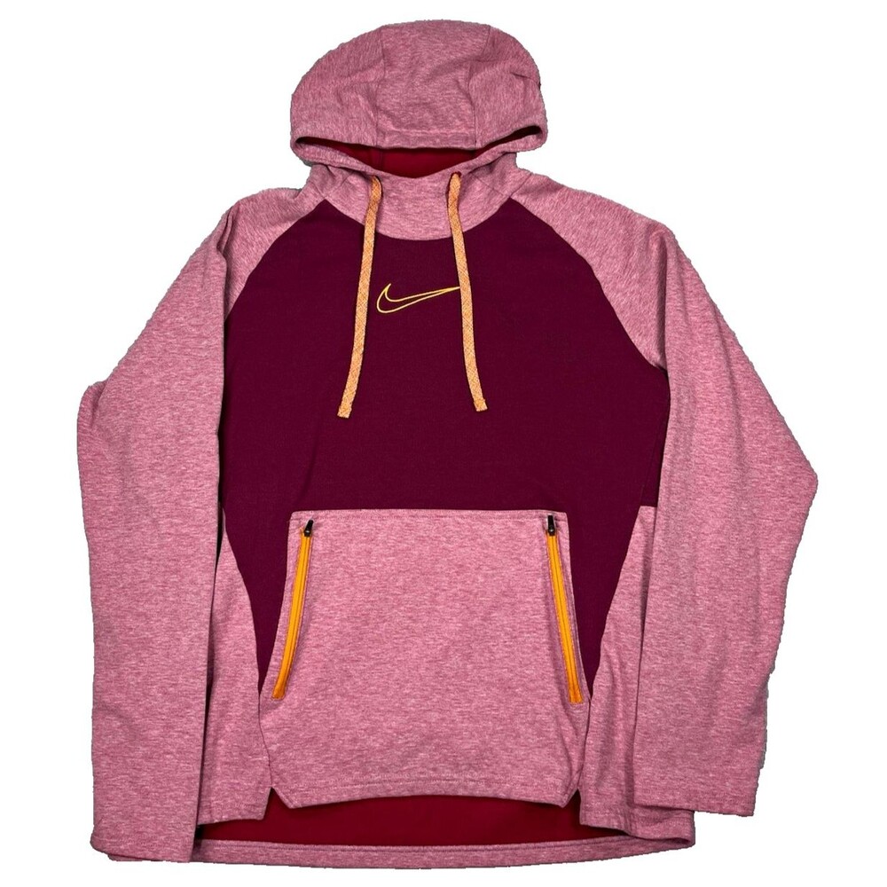 Nike Therma-FIT Womens L Burgundy Pink Colorblock Fleece Hoodie Pullover Pockets